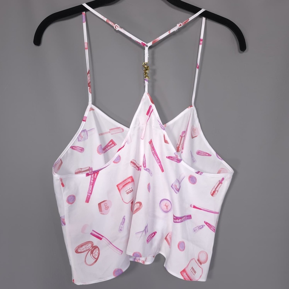 VICTORIA'S SECRET PINK New MEDIUM Pajama Set Satin Cami Shorts Makeup Print Logo - Picture 7 of 16